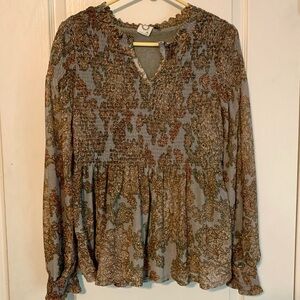 Akemi & Kin Paisley Patterned Smocked Top Sz XS Work Career Casual Blue Brown